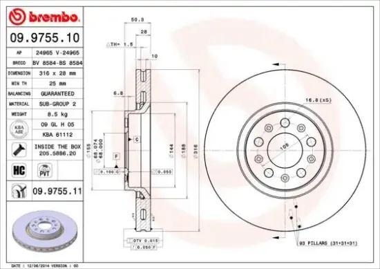 Bremsscheibe Vorderachse BREMBO 09.9755.11 Bild Bremsscheibe Vorderachse BREMBO 09.9755.11