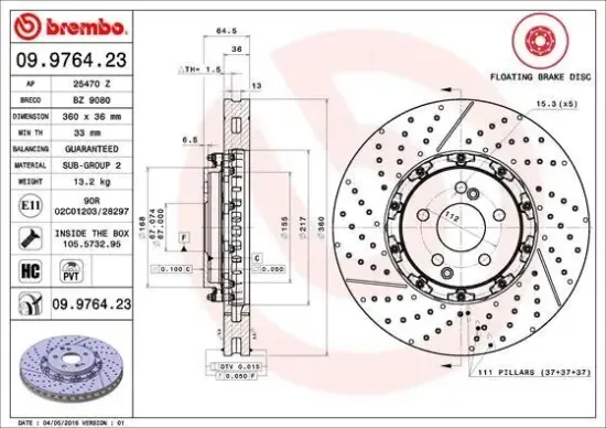 Bremsscheibe Vorderachse BREMBO 09.9764.23 Bild Bremsscheibe Vorderachse BREMBO 09.9764.23
