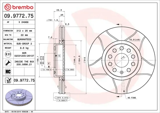 Bremsscheibe Vorderachse BREMBO 09.9772.75 Bild Bremsscheibe Vorderachse BREMBO 09.9772.75