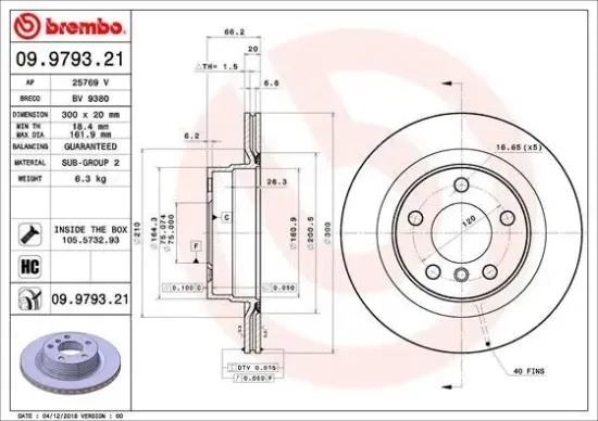 Bremsscheibe Hinterachse BREMBO 09.9793.21 Bild Bremsscheibe Hinterachse BREMBO 09.9793.21