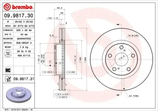 Bremsscheibe Vorderachse BREMBO 09.9817.31 Bild Bremsscheibe Vorderachse BREMBO 09.9817.31