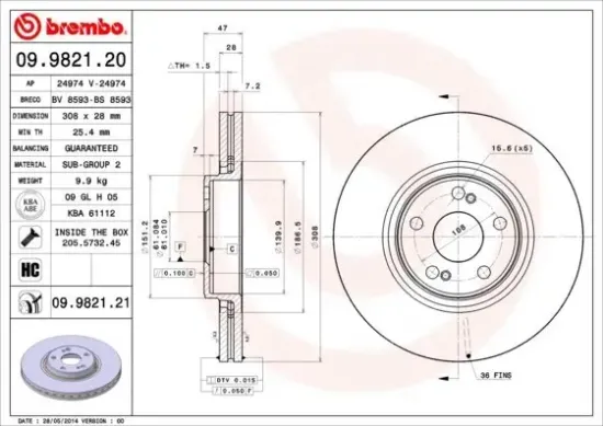 Bremsscheibe Vorderachse BREMBO 09.9821.21 Bild Bremsscheibe Vorderachse BREMBO 09.9821.21