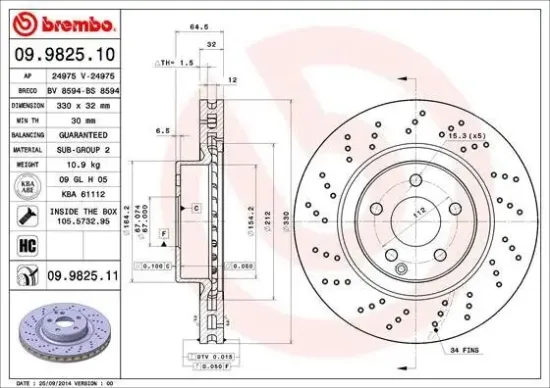 Bremsscheibe Vorderachse BREMBO 09.9825.11 Bild Bremsscheibe Vorderachse BREMBO 09.9825.11