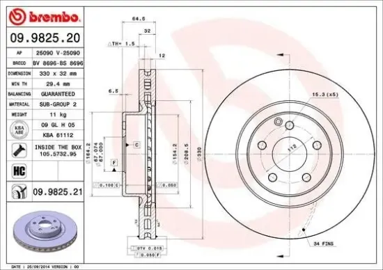 Bremsscheibe Vorderachse BREMBO 09.9825.21 Bild Bremsscheibe Vorderachse BREMBO 09.9825.21