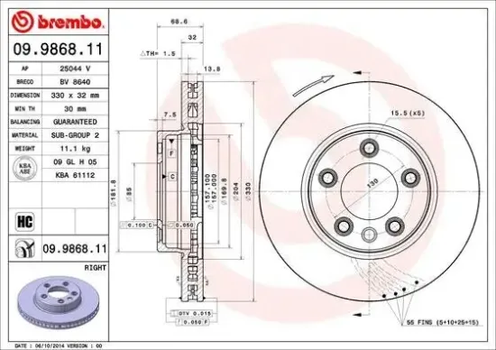 Bremsscheibe BREMBO 09.9868.11 Bild Bremsscheibe BREMBO 09.9868.11