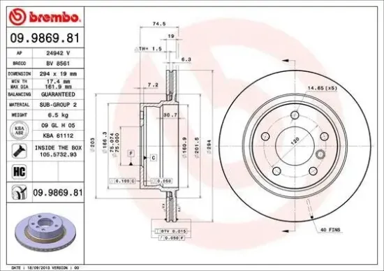 Bremsscheibe BREMBO 09.9869.81 Bild Bremsscheibe BREMBO 09.9869.81