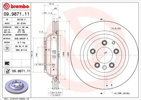 Bremsscheibe BREMBO 09.9871.11 Bild Bremsscheibe BREMBO 09.9871.11