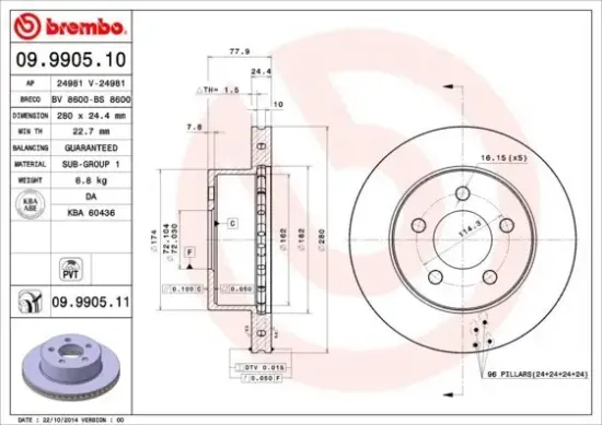 Bremsscheibe Vorderachse BREMBO 09.9905.11 Bild Bremsscheibe Vorderachse BREMBO 09.9905.11