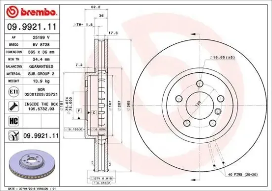 Bremsscheibe Vorderachse BREMBO 09.9921.11 Bild Bremsscheibe Vorderachse BREMBO 09.9921.11