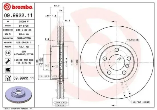 Bremsscheibe Vorderachse BREMBO 09.9922.11 Bild Bremsscheibe Vorderachse BREMBO 09.9922.11