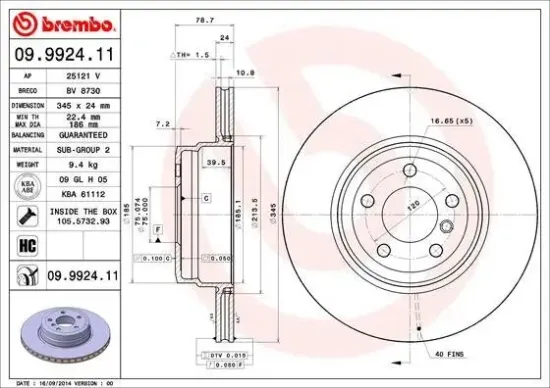 Bremsscheibe Hinterachse BREMBO 09.9924.11 Bild Bremsscheibe Hinterachse BREMBO 09.9924.11