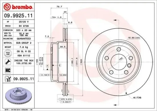 Bremsscheibe Hinterachse BREMBO 09.9925.11 Bild Bremsscheibe Hinterachse BREMBO 09.9925.11