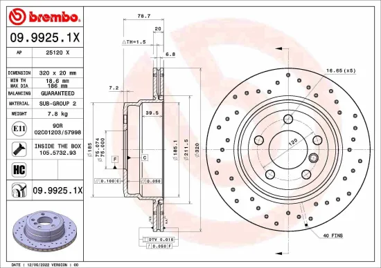 Bremsscheibe Hinterachse BREMBO 09.9925.1X Bild Bremsscheibe Hinterachse BREMBO 09.9925.1X
