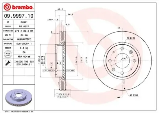 Bremsscheibe Vorderachse BREMBO 09.9997.10 Bild Bremsscheibe Vorderachse BREMBO 09.9997.10