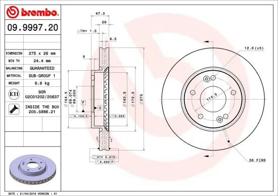 Bremsscheibe Vorderachse BREMBO 09.9997.20 Bild Bremsscheibe Vorderachse BREMBO 09.9997.20