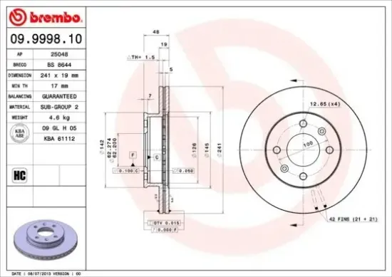 Bremsscheibe Vorderachse BREMBO 09.9998.10 Bild Bremsscheibe Vorderachse BREMBO 09.9998.10