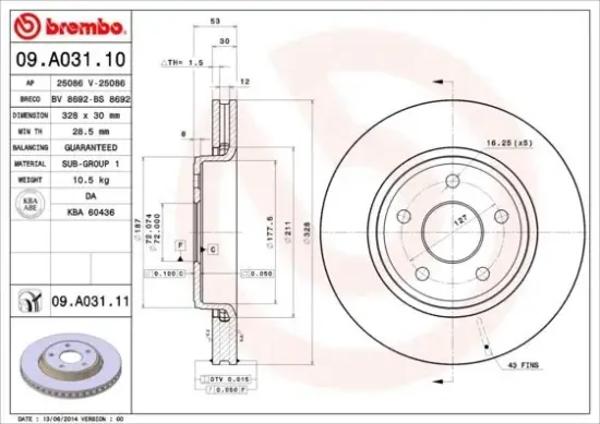 Bremsscheibe Vorderachse BREMBO 09.A031.11 Bild Bremsscheibe Vorderachse BREMBO 09.A031.11