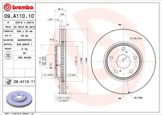 Bremsscheibe Vorderachse BREMBO 09.A110.11 Bild Bremsscheibe Vorderachse BREMBO 09.A110.11