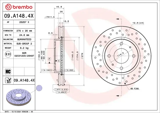 Bremsscheibe Vorderachse BREMBO 09.A148.4X Bild Bremsscheibe Vorderachse BREMBO 09.A148.4X