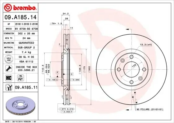 Bremsscheibe BREMBO 09.A185.11