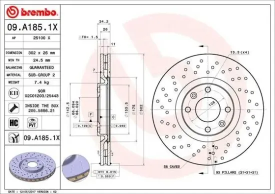 Bremsscheibe BREMBO 09.A185.1X Bild Bremsscheibe BREMBO 09.A185.1X
