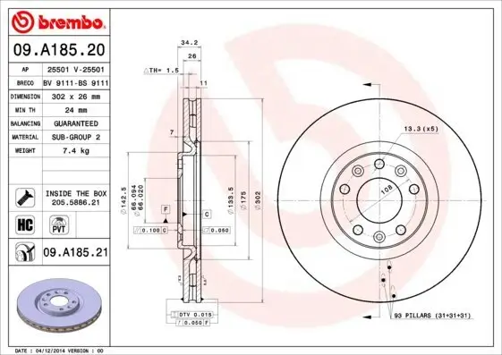 Bremsscheibe Vorderachse BREMBO 09.A185.21