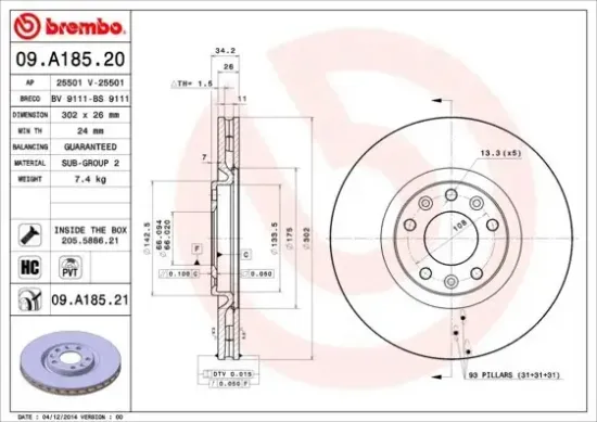 Bremsscheibe Vorderachse BREMBO 09.A185.21 Bild Bremsscheibe Vorderachse BREMBO 09.A185.21