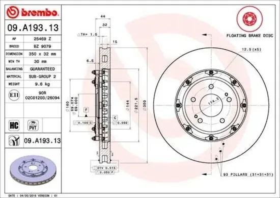 Bremsscheibe Vorderachse BREMBO 09.A193.13 Bild Bremsscheibe Vorderachse BREMBO 09.A193.13