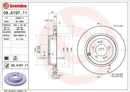 Bremsscheibe Hinterachse BREMBO 09.A197.11 Bild Bremsscheibe Hinterachse BREMBO 09.A197.11