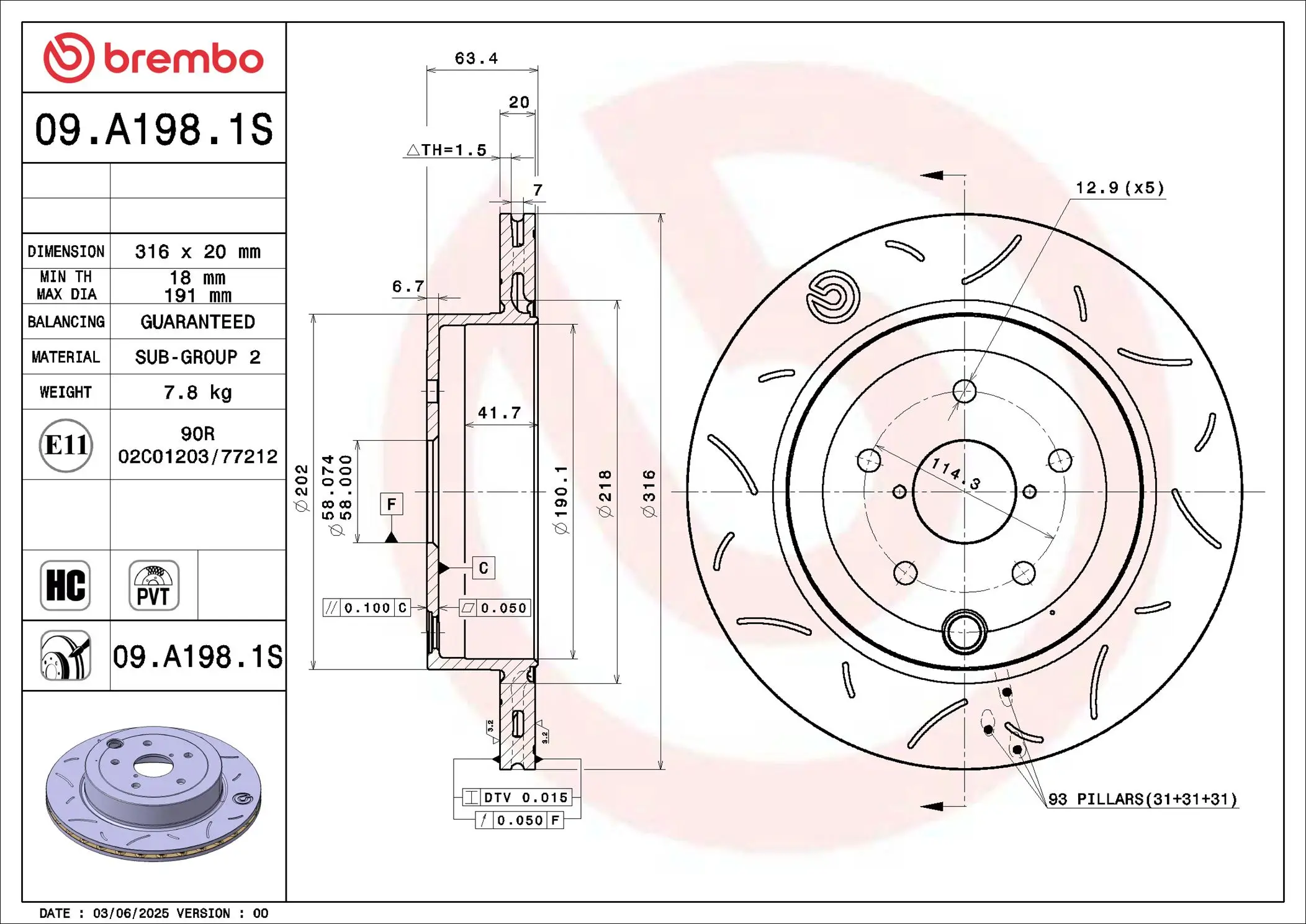 Bremsscheibe Hinterachse BREMBO 09.A198.1S