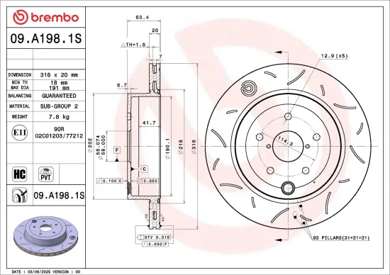 Bremsscheibe Hinterachse BREMBO 09.A198.1S Bild Bremsscheibe Hinterachse BREMBO 09.A198.1S