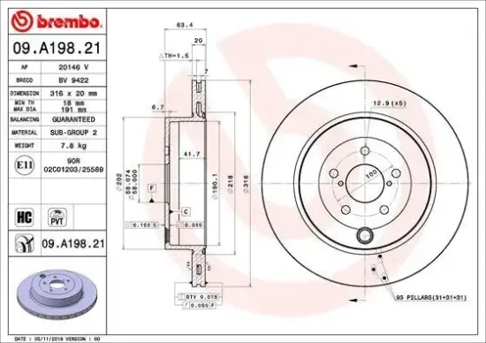 Bremsscheibe Hinterachse BREMBO 09.A198.21 Bild Bremsscheibe Hinterachse BREMBO 09.A198.21