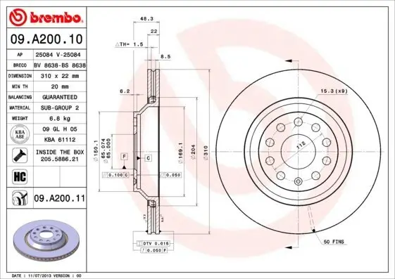 Bremsscheibe Hinterachse BREMBO 09.A200.11