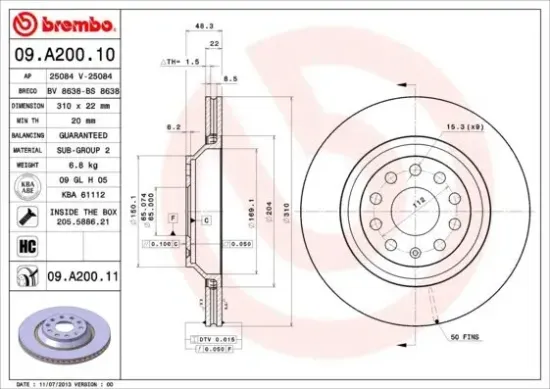 Bremsscheibe Hinterachse BREMBO 09.A200.11 Bild Bremsscheibe Hinterachse BREMBO 09.A200.11