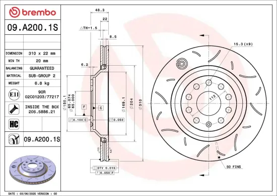 Bremsscheibe BREMBO 09.A200.1S Bild Bremsscheibe BREMBO 09.A200.1S
