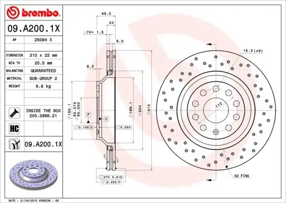 Bremsscheibe Hinterachse BREMBO 09.A200.1X