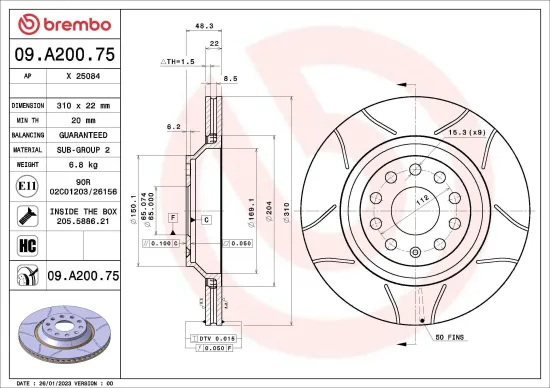 Bremsscheibe Hinterachse BREMBO 09.A200.75 Bild Bremsscheibe Hinterachse BREMBO 09.A200.75