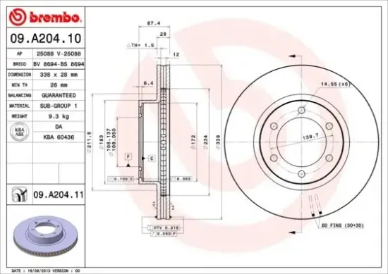 Bremsscheibe Vorderachse BREMBO 09.A204.11 Bild Bremsscheibe Vorderachse BREMBO 09.A204.11