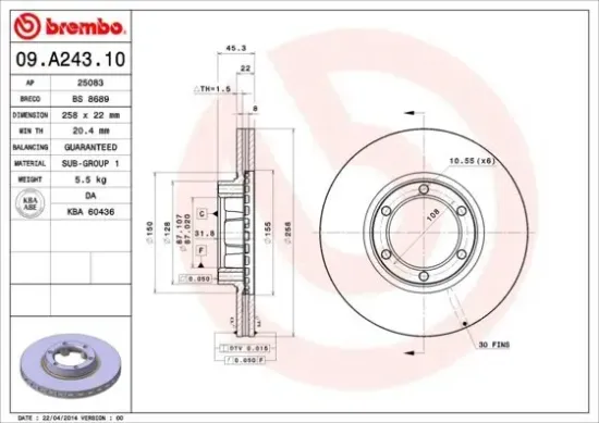 Bremsscheibe Vorderachse BREMBO 09.A243.10 Bild Bremsscheibe Vorderachse BREMBO 09.A243.10