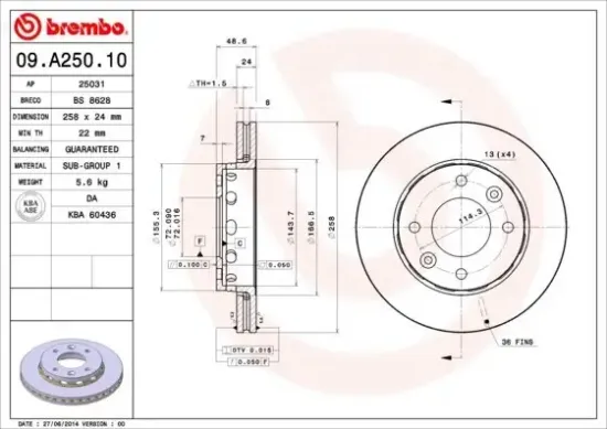Bremsscheibe Vorderachse BREMBO 09.A250.10 Bild Bremsscheibe Vorderachse BREMBO 09.A250.10