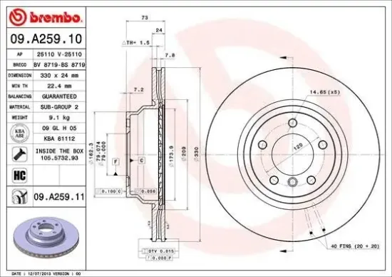 Bremsscheibe Vorderachse BREMBO 09.A259.11 Bild Bremsscheibe Vorderachse BREMBO 09.A259.11