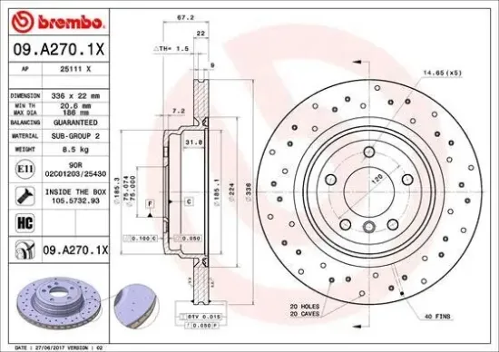 Bremsscheibe Hinterachse BREMBO 09.A270.1X Bild Bremsscheibe Hinterachse BREMBO 09.A270.1X