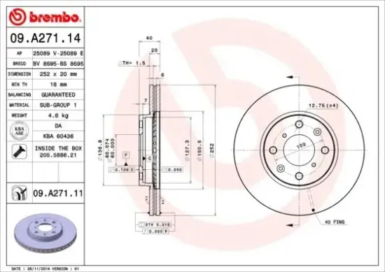 Bremsscheibe BREMBO 09.A271.11 Bild Bremsscheibe BREMBO 09.A271.11