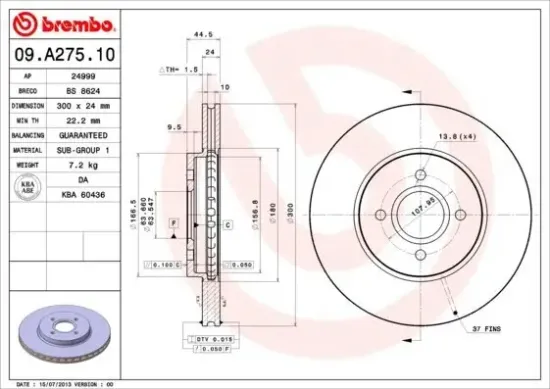 Bremsscheibe Vorderachse BREMBO 09.A275.10 Bild Bremsscheibe Vorderachse BREMBO 09.A275.10