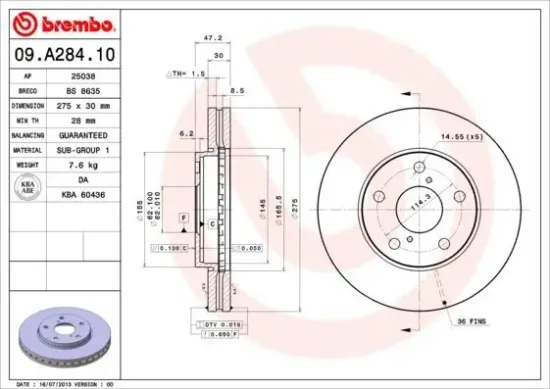 Bremsscheibe Vorderachse BREMBO 09.A284.10 Bild Bremsscheibe Vorderachse BREMBO 09.A284.10