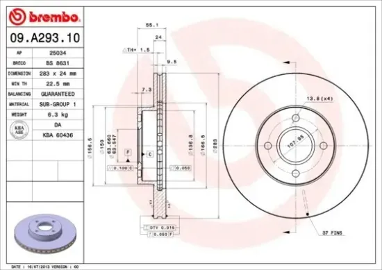 Bremsscheibe Vorderachse BREMBO 09.A293.10 Bild Bremsscheibe Vorderachse BREMBO 09.A293.10