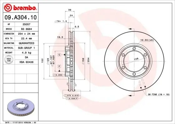 Bremsscheibe Vorderachse BREMBO 09.A304.10