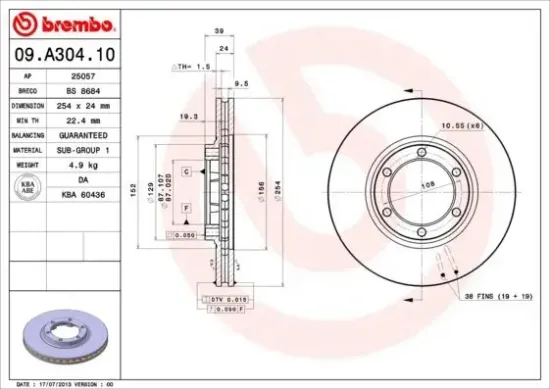 Bremsscheibe Vorderachse BREMBO 09.A304.10 Bild Bremsscheibe Vorderachse BREMBO 09.A304.10