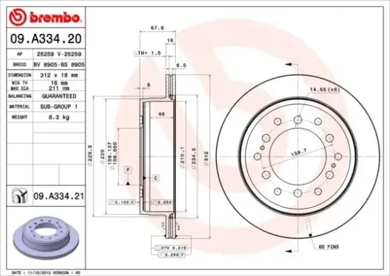 Bremsscheibe Hinterachse BREMBO 09.A334.21 Bild Bremsscheibe Hinterachse BREMBO 09.A334.21