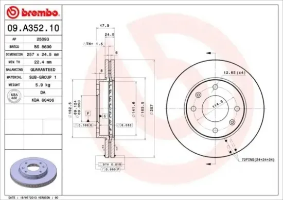 Bremsscheibe Vorderachse BREMBO 09.A352.10 Bild Bremsscheibe Vorderachse BREMBO 09.A352.10